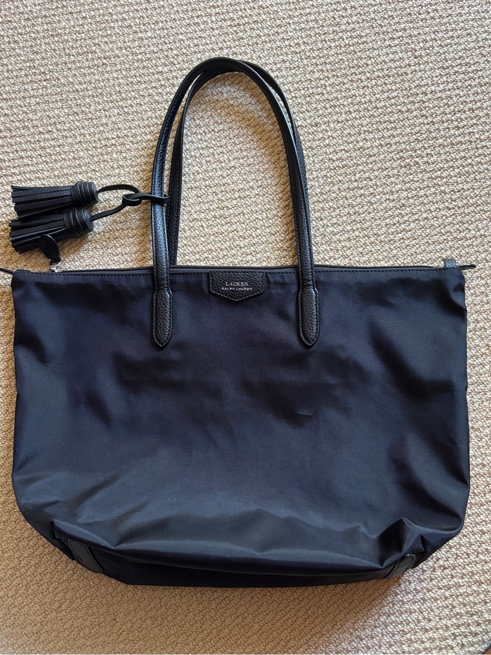Ralph Lauren Black Nylon Tote with Full Zipper Double Handles and Tassel Charm